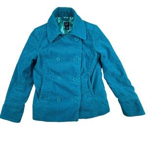 Vintage Y2K GAP Corduroy Pea Coat Women's Medium‎ Teal Blue Double Breasted Coat
